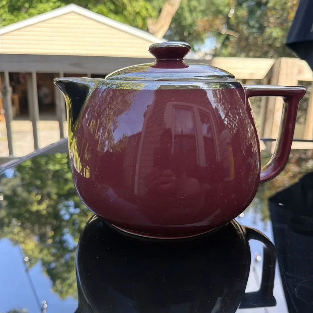 Vintage Halls Quality Kitchenware Chubby Tea Pot Burgundy Silver 2.5 Quart USA